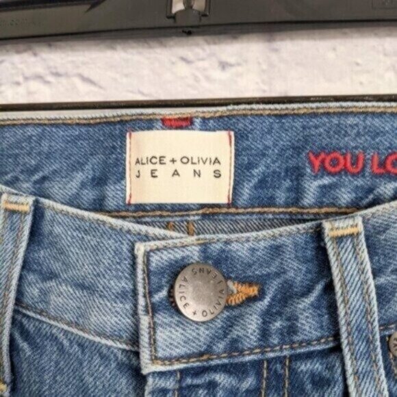 Alice and Olivia High Waist Ripped Boyfriend Jeans 27 Medium Blue Denim Designer - Picture 5 of 6
